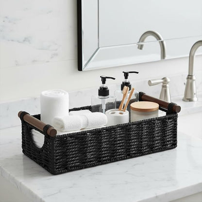 CubesLand Wicker Toilet Storage Basket Tray Organizer W/Cut Out Handle, Slim Decorative Basket for Countertop, Shelves And for Versatile Home Decor, Living Room, Nursery Organization, Black