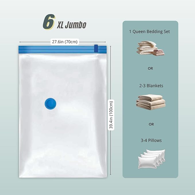 6 Jumbo XL Vacuum Storage Bags with Pump, Extra Large Compression Space Saver for Comforter, Duvet, Blanket, Bedding Storage, Vacuum Seal Bags for Clothing, Luggage Suitcase and Closet Organizer