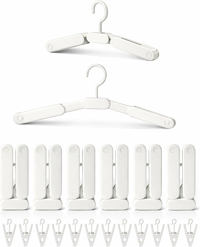 6 Pack Foldable Travel Hangers with 12 Clips, Portable Collapsible Clothes Hanger for Travel, Cruise, Hotel, Camping, Dorm, Space Saving Laundry Solution for Small Spaces (White)