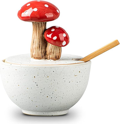 dgudgu Mushroom Salt Cellar With Lid Ceramic Salt Box White Salt Bowl Salt Container With Lid Salt Pig With Bamboo Spoon Salt Holder Salt Well Salt Keeper