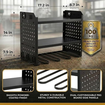 BUILTSTRONG Power Tool Organizer Wall Mount – 3-Tier Heavy-Duty Steel Rack, 6 Drill Slots, Dual Pegboard Sides, Side-by-Side Modular, 100 lb Capacity – Garage & Workshop (Black)