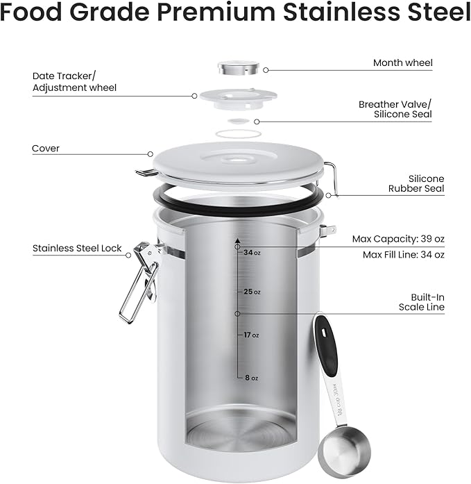 Veken Coffee Canister, 39OZ Large, Airtight Stainless Steel Food Storage Container for 2.2lbs Coffee Beans, Ground, Sugar, Tea, Flour, Cereal, Kitchen Bar Accessories with Date Tracker & Scoop, White