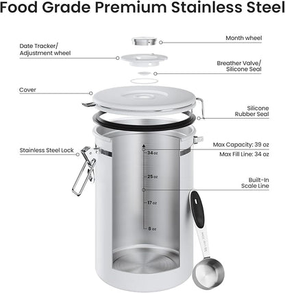 Veken Coffee Canister, 39OZ Large, Airtight Stainless Steel Food Storage Container for 2.2lbs Coffee Beans, Ground, Sugar, Tea, Flour, Cereal, Kitchen Bar Accessories with Date Tracker & Scoop, White