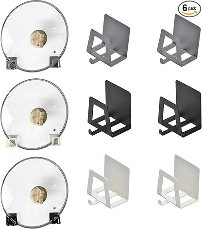 Pot Lid Holders Organizer Wall-Mounted Hook Rack Holder Organizers Inside Cabinet Door Wall Mount Pots Top Holder for Kitchen Cupboard Bedroom Living Room (6, Black+White+Gray)