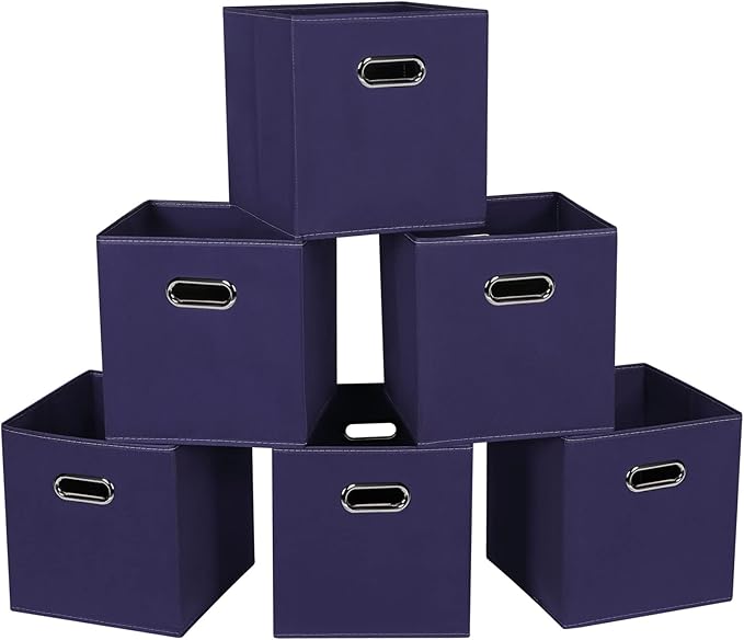 Fabric Cloth Storage Bins,Fabric Cube Bins Organizer with Dual Handles Foldable Cube Storage Baskets for Home Bedroom Storage,Set of 6,(Navy Blue)