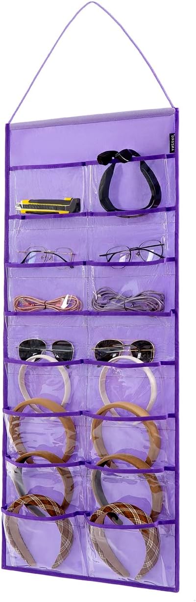 Wall Hanging Headband Organizer Ribbon Hair Hoops Storage Hairbands Hair Accessory Holder with Clear Pockets (PURPLE-16 POCKETS)
