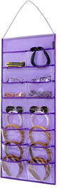 Wall Hanging Headband Organizer Ribbon Hair Hoops Storage Hairbands Hair Accessory Holder with Clear Pockets (PURPLE-16 POCKETS)