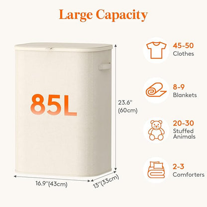 Lifewit 85L Large Laundry Basket with Lid, Laundry Hamper with Plastic Handles and Removable Bag, Foldable Tall Dirty Clothes Hampers for Laundry for Laundry Room, Bedroom, Bathroom, Dorm, White