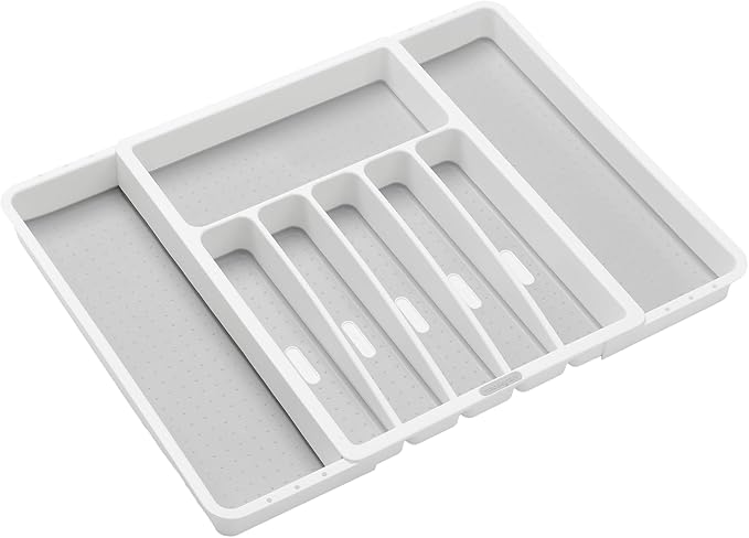 madesmart Silverware White Expandable Tray Classic Collection | 8-Compartments | Icons to Help sort Flatware, Cutlery, Utensils | Soft-Grip Lining | BPA-Free