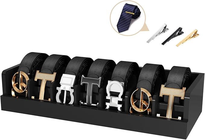Belt Storage Organizer Box - 7 Grids Bamboo Belt Organizer for Closet | Wooden Belt Tie Hanger Racks for Men Women Drawer | Belt Display Holder Wall Mount with 2 Pcs Tie Clip (Black)