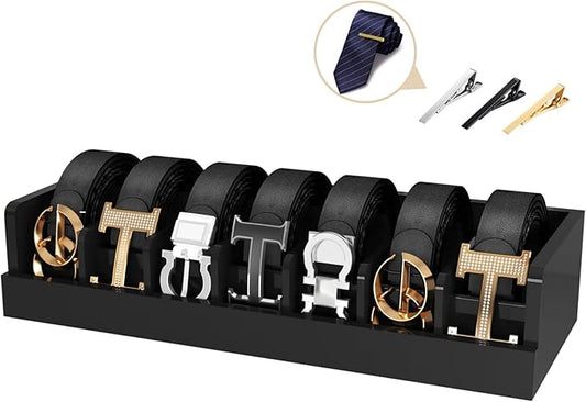 Belt Storage Organizer Box - 7 Grids Bamboo Belt Organizer for Closet | Wooden Belt Tie Hanger Racks for Men Women Drawer | Belt Display Holder Wall Mount with 2 Pcs Tie Clip (Black)