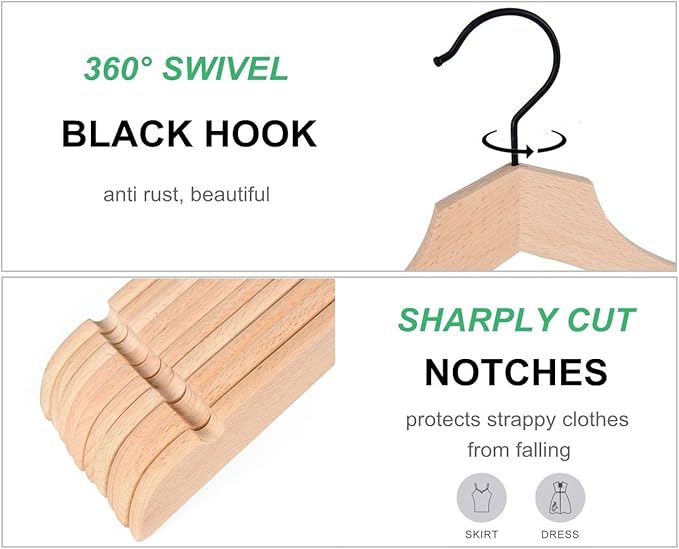 Amber Home 24 Pack Stylish Thin Solid Wooden Shirt Dress Hangers, Sturdy Natural Slim Wood Coat Jacket Hangers with Non-Lacquer Smooth Surface, Extra Space Saving Clothes Hangers (Natural, 24)