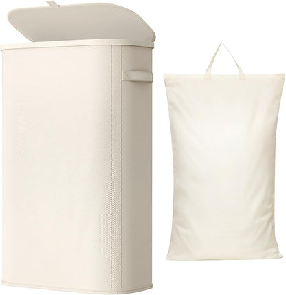 Lifewit Slim Laundry Basket with Lid, Narrow Large Laundry Hamper with Plastic Handles and Removable Bag, Tall Foldable Dirty Clothes Hampers for Laundry Room, Bedroom, Bathroom, Dorm, 65L White