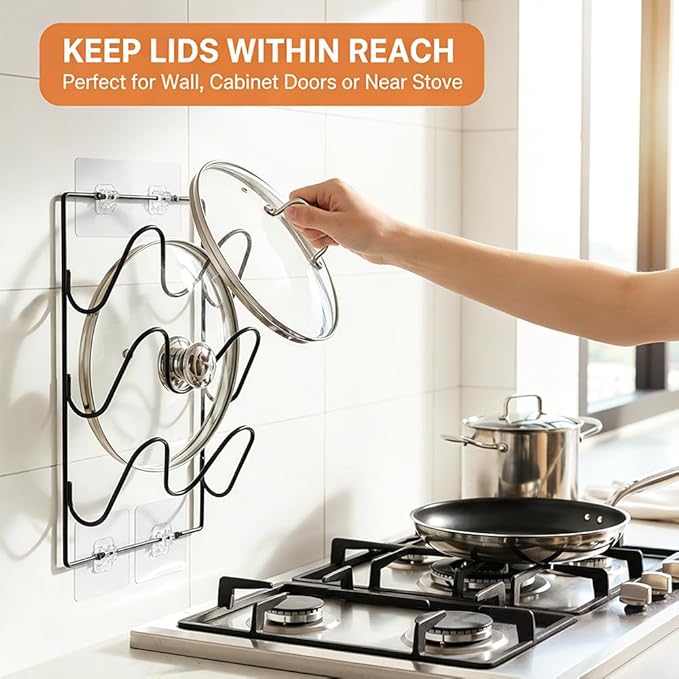 2 Pack Pot Lid Organizer Rack for Cabinet Door or Wall, 6-Tier Pot Lid Holders, No Drilling Pan Cover Holder with 6 Adhesive Clips, Rustproof Kitchen Kit Storage Rack