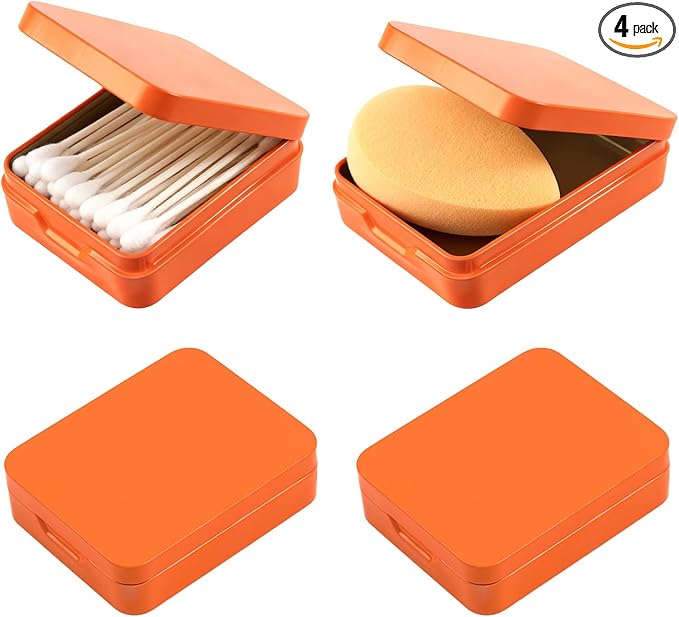 4PCS Portable Travel Cotton Pad Holder & Small Makeup Sponge Storage Box, Bathroom Vanity Canisters Organizer for Floss Picks, Cotton Balls, Swabs - Orange Cosmetic Dispenser (Orange)