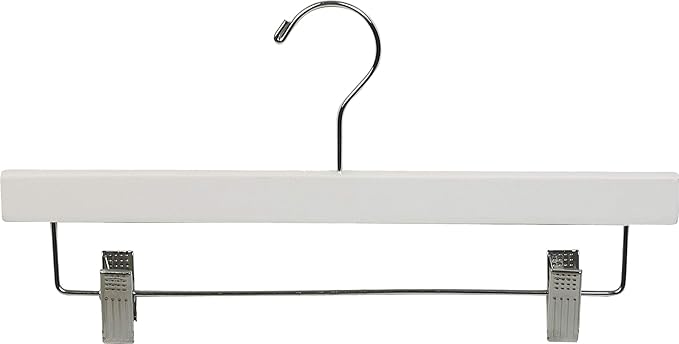 White Wooden Pant Hanger w/Adjustable Cushion Clips, Box of 50 Flat Wood Bottom Hangers w/Chrome Swivel Hook for Jeans Slacks or Skirt