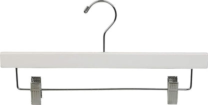 White Wooden Pant Hanger w/Adjustable Cushion Clips, Box of 50 Flat Wood Bottom Hangers w/Chrome Swivel Hook for Jeans Slacks or Skirt