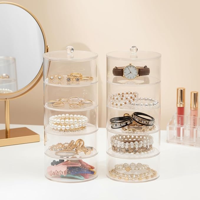 ZENFUN 5 Layers Acrylic Belt Organizer, Stackable Belt Storage Box Clear Display Case Vanity Organizer for Watch, Hair Accessories, Jewelry, Closet and Drawer, 2.6" H x 5.5" Dia