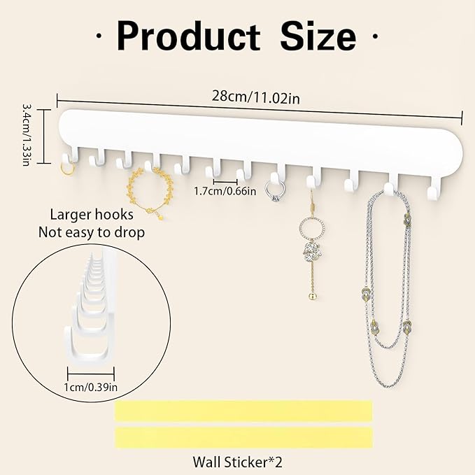 Necklace Holder - Hanging Jewelry Organizer, Self-Adhesive Wall Mounted for Necklaces, Bracelets, 2 Pack, White