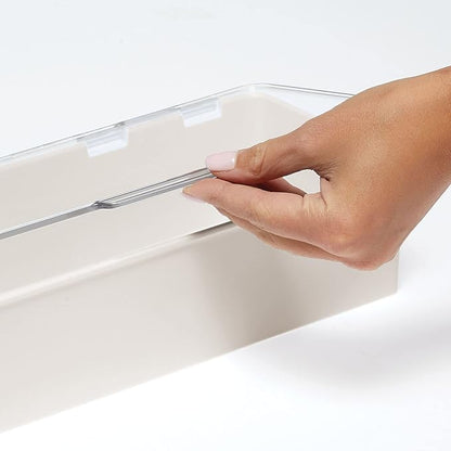 mDesign Long Plastic Cosmetic Storage Organizer Box Containers, Hinged Lid for Bedroom, Bathroom Vanity Shelf or Cabinet, Holds Masks, Palettes, Lotion, Nail Polish, 2 Pack, Cream/Beige/Clear