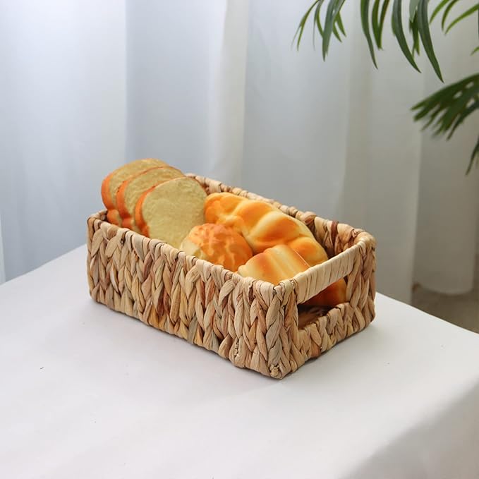 YAHUAN Woven Water Hyacinth Baskets for Organizing, Rectangular Wicker Baskets with Built-in Handles, Small Storage Baskets for Shelves (Water Hyacinth 1-Pack)