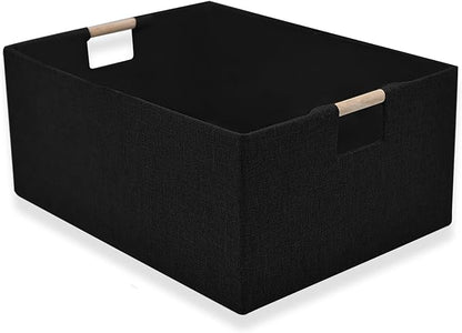 xianshengle Fabric Storage Basket for Shelves, Collapsible Storage Bins with wood Handles, Rectangle Closet Baskets, Wardrobe Organiser, for Sorting Clothes, Family Items (Black) (1)