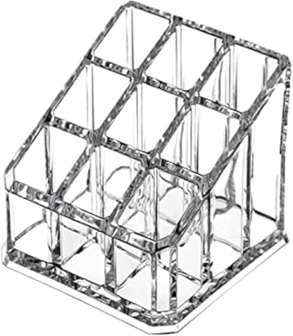 Acrylic Makeup Organizer Cosmetic Storage Display Case Makeup Brush Holder Organizer Lipstick Dispenser Canister Bathroom Container (3.5 x 3.5 x 2.6 in, 9 Partitions, Transparent)