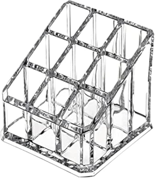 Acrylic Makeup Organizer Cosmetic Storage Display Case Makeup Brush Holder Organizer Lipstick Dispenser Canister Bathroom Container (3.5 x 3.5 x 2.6 in, 9 Partitions, Transparent)