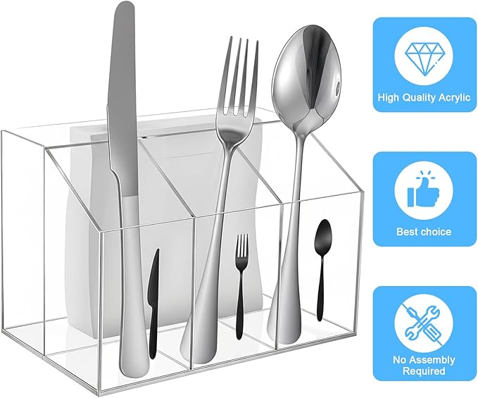 Lemecima Acrylic Utensil Holder Silverware Caddy Countertop Cutlery Plastic Organizer For Napkins Flatware Spoon Fork Knife, Space-Saving, For Buffet, Picnic Party