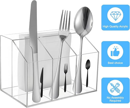 Lemecima Acrylic Utensil Holder Silverware Caddy Countertop Cutlery Plastic Organizer For Napkins Flatware Spoon Fork Knife, Space-Saving, For Buffet, Picnic Party