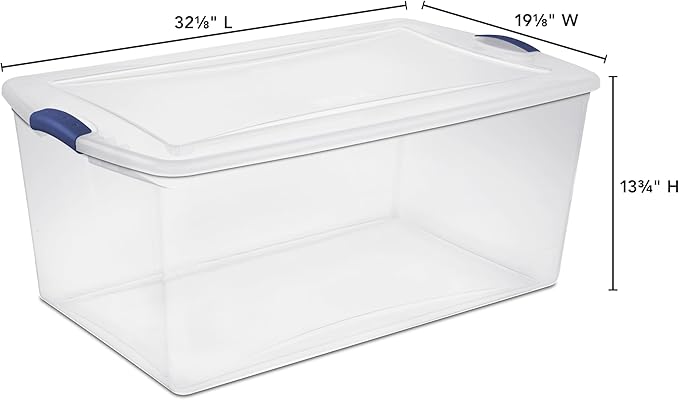 105 Quart Clear Plastic Latching Storage Bin, Large Stackable Container with Blue Latches & Clear Lid
