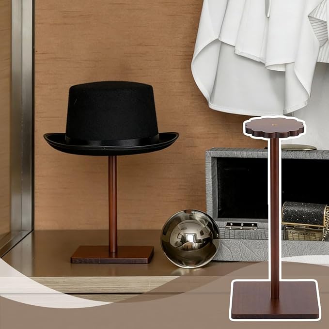 OLYCRAFT 2Pcs Brown Wooden Hat Display Stand with Square Base Vintage Wooden Hat Holder Solid Wood Hats Holder Stand Rack Tabletop Helmet Stand Tabletop Hats Display Rack for Home Store Shelf Decor