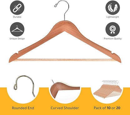 Quality Wooden Hangers - Semi Contoured Hanger Set in 20-Pack - Solid Wood Coat Hangers with Stylish Chrome Hooks - Heavy-Duty Clothes, Jacket, Shirt, Pants, Suit Curved Hangers (Natural, 20)