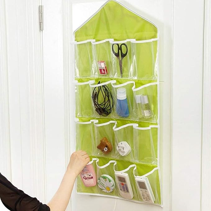 16-Pockets Jewelry Organizer Over Door Hanging Storage Bag Holder Hanging Bag Rack Hanger Space Saver Bags for Earrings Necklace Bracelet Ring Display Pouch Socks Bra Underwear Pink