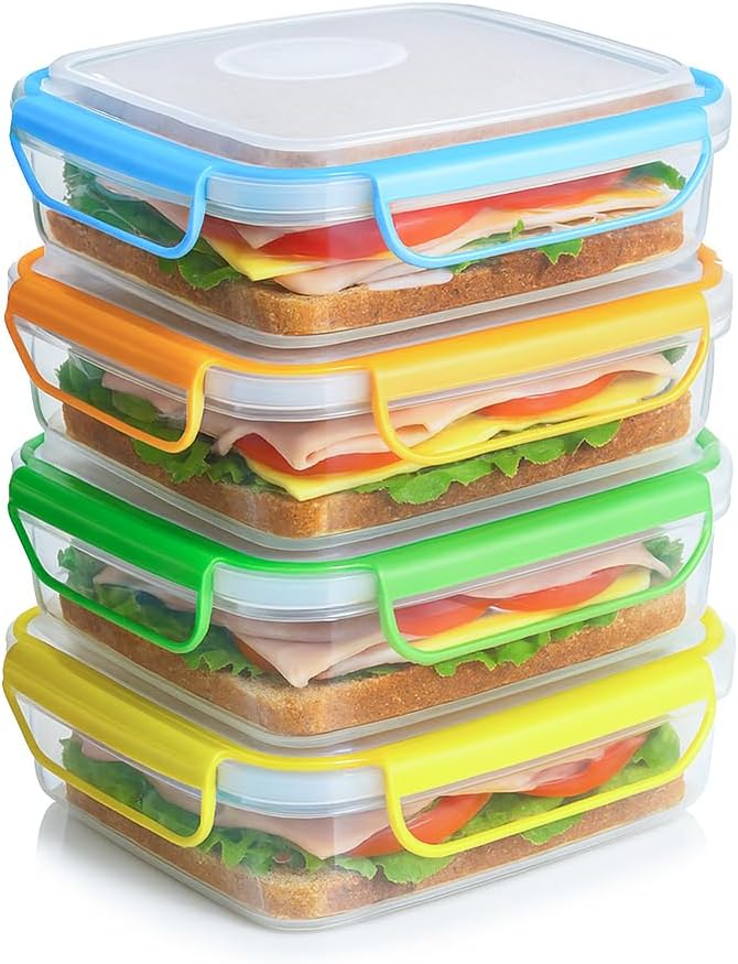 Snap Fresh - 4 Pack of Fun Size Leakproof Sandwich Containers - Reusable, BPA Free Sandwich Boxes. Airtight Seal. Also Great for Salads, Snacks, Fruit, Treats and Food Storage.