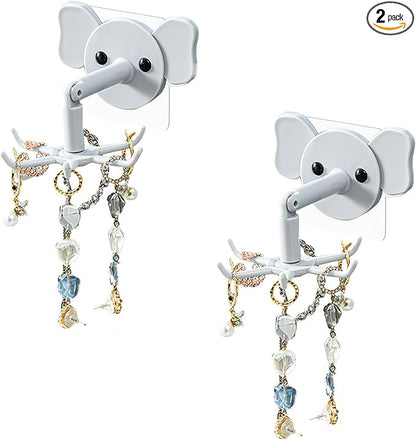 2-Pack 360° Rotating Jewelry Organizer, Self-Adhesive Necklace Hanger for Storing Necklaces, Bracelets, Watches, Rings, Ideal for Walls, Closets, Doors, and Bathrooms (Gray)