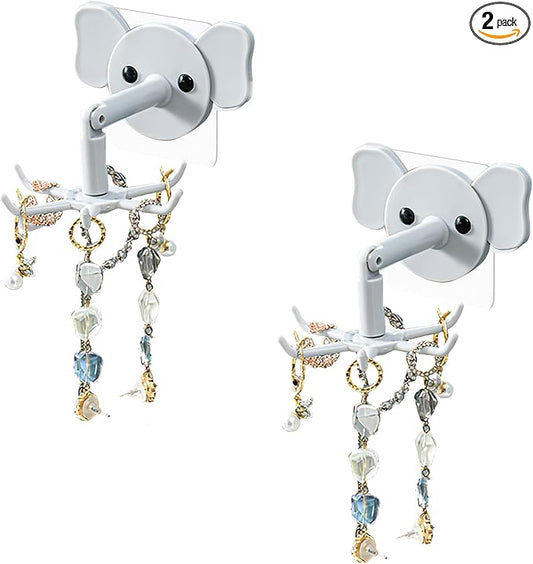 2-Pack 360° Rotating Jewelry Organizer, Self-Adhesive Necklace Hanger for Storing Necklaces, Bracelets, Watches, Rings, Ideal for Walls, Closets, Doors, and Bathrooms (Gray)