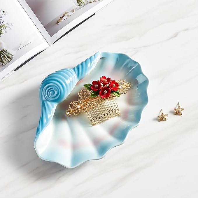 Ceramic Shell Soap Dish (7.7 x 5.3 in), Seashell Soap Holder Tray for Bathroom Shower Sink, Blue Shell Trinket Tray for Jewelry Rings Keys, Vanity Counter Organizer