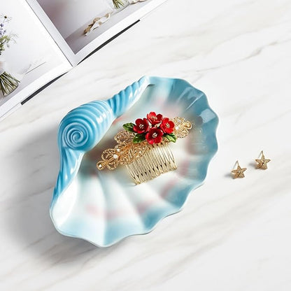 Ceramic Shell Soap Dish (7.7 x 5.3 in), Seashell Soap Holder Tray for Bathroom Shower Sink, Blue Shell Trinket Tray for Jewelry Rings Keys, Vanity Counter Organizer