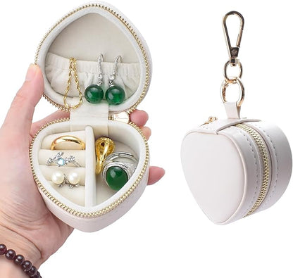 Heart Shape Ring Holder Keychain, Mini Travel Jewelry Case for Wedding Ring, Sports & Vacation, Portable Zipper Clutch Organizer for Earrings Necklace, Premium Gift for Women Girls (White)