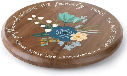 CounterArt Decorative Round Natural Wood Lazy Susan Turntable 14" Diameter Condiment Caddy, Cheese Server, Cake Plate, Spice Organization (Family Table)