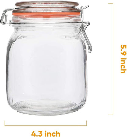 32 oz Glass Food Storage Jars with Airtight Lids,Clear Airtight Canister with Leak Proof Rubber Gasket,1000 ml Square Large Mason Jars with Clamp Lids for Canning,Cereal,Beans,6 Pack