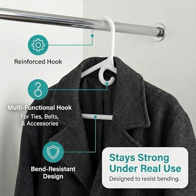 DEILSY™ Heavy Duty Plastic Hangers 50 Pack - Extra Heavy Duty Hangers for Clothes, Thick White Plastic Hangers, Strong Clothes Hangers with Hook for Scarves & Belts
