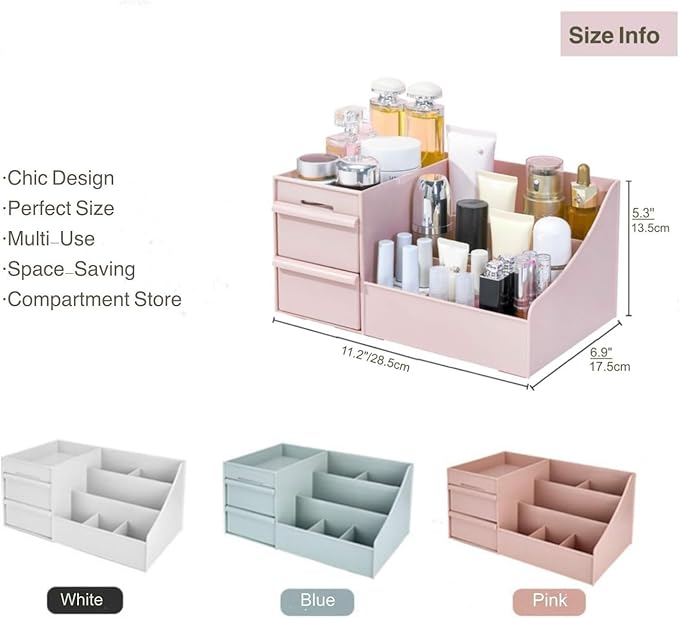 Makeup Organizer for Vanity— Bathroom Countertop Cosmetics Organizer with Drawers for Lipstick, Brushes, Lotions, Eyeshadow, Nail Polish and Jewelry (Pink)