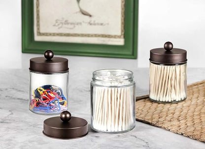 Amolliar Apothecary Jars Bathroom Storage Organizer - Cute Qtip Dispenser Holder Vanity Canister Jar Glass with Lid for Cotton Swabs,Rounds,Bath Salts,Makeup Sponges,Hair Accessories/Bronze (2 Pack)