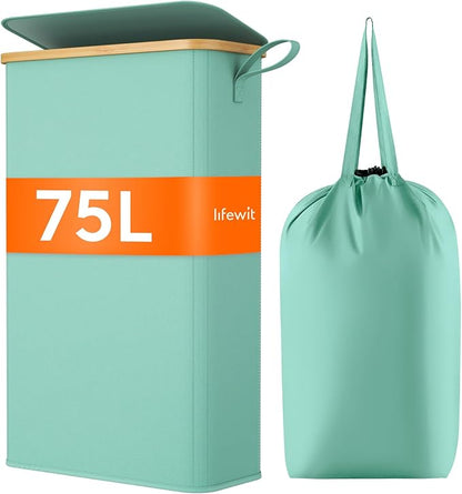 Lifewit 75L Slim Laundry Hamper with Lid, Narrow Laundry Basket with Removable Bag & Bamboo Handles, Fodable Thin Dirty Clothes Hamper for Laundry Collapsible Bin for Bathroom Bedroom Dorm, Sage Green