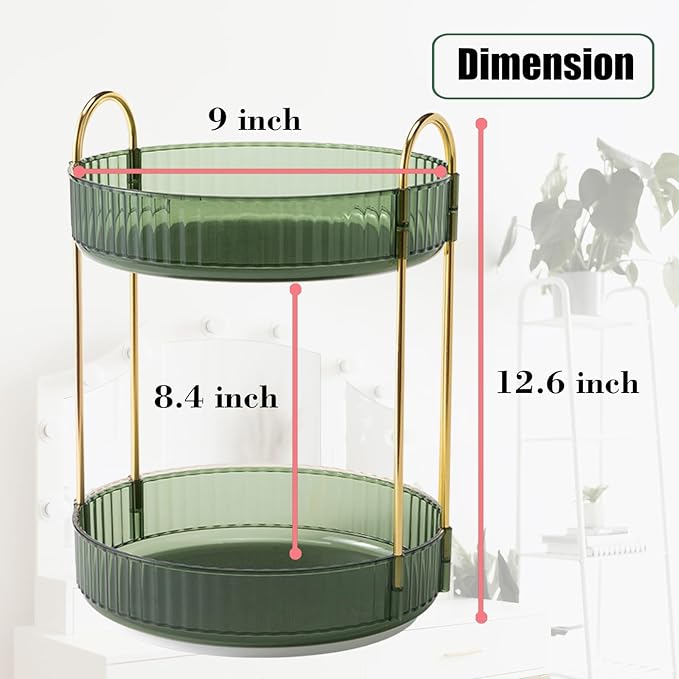Rotating Makeup Organizer Countertop 2 Tier Lazy Susan Trays Clear Skincare Perfume Storage for Bathroom Counter Vanity, Green Gold