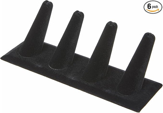 Plymor Black Velvet Ring Finger Display, Four on Rectangular Base, 6" W x 2.125" D x 2.5" H (Pack of 6)