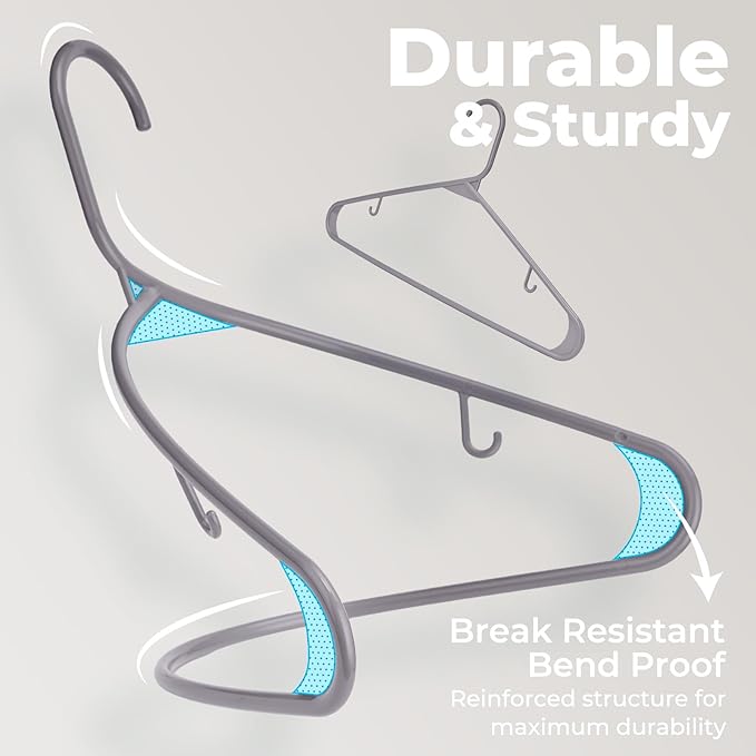 HOUSE DAY Grey Plastic Hangers 60 Pack, Non-Slip Plastic Hanger with Dual Hooks - Slim Space Saving 1/4" Thin Closet Organizers for Coats, Shirts, Pants & Dresses - Lightweight Garment Friendly