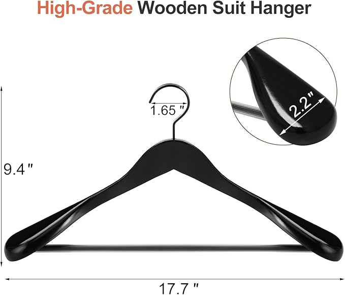 TOPIA HANGER Black Wooden Coat Hanger 6 Pack, Wide Shoulder Wood Suit Hangers with Extra-Thick Flat Hooks & Anti-Slip Pants Bar, Heavy Duty Clothes Hangers,Glossy Finish, Black-CT02H